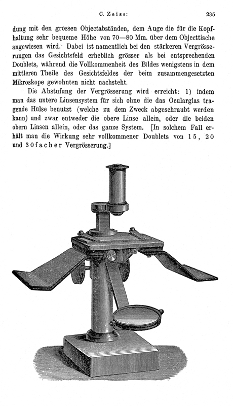 Carl Zeiss: Ein neues Pr&auml;parir-Mikroskop. Archiv f&uuml;r Mikroskopische Anatomie; VI, 1870, 234-236