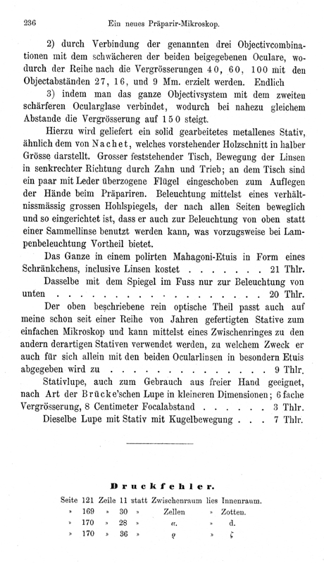 Carl Zeiss: Ein neues Pr&auml;parir-Mikroskop. Archiv f&uuml;r Mikroskopische Anatomie; VI, 1870, 234-236