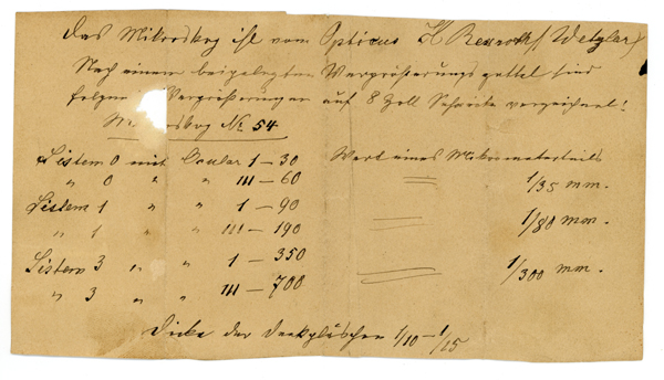 H. Rexroth in Wetzlar: Mittleres Mikroskop Nr. 54, Vergr&ouml;sserungstabelle