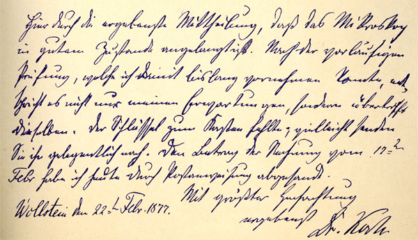 Reproduktion eines Briefes von Robert Koch an die Firma Seibert in Wetzlar. Abb. aus: W. & H. Seibert Wetzlar Optisches Institut G.m.b.H.: Mikroskope, Katalog Nr.55; Wetzlar um 1932 