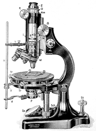 Stativ VI von Winkel-Zeiss, Abb. aus: R.Winkel G.m.b.H. Optische und mechanische Werkst&auml;tten G&ouml;ttingen - Winkel-Zeiss: Polarisations-Mikroskope und Nebenapparate; Druckschrift Nr. 50; G&ouml;ttingen ca. 1935