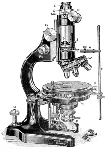 Stativ VI von Winkel-Zeiss, Abb. aus: R.Winkel G.m.b.H. Optische und mechanische Werkst&auml;tten G&ouml;ttingen - Winkel-Zeiss: Polarisations-Mikroskope und Nebenapparate; Druckschrift Nr. 50; G&ouml;ttingen ca. 1935